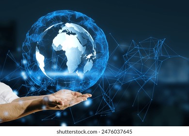 A person's hands presenting a digital globe with a network pattern, on a dark background, concept of global connectivity
