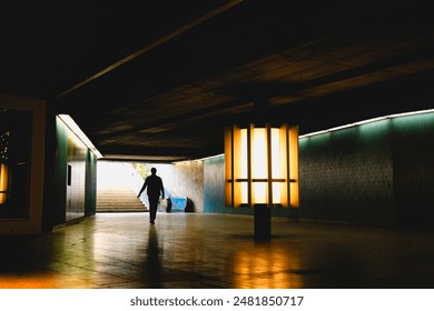 A persons silhouette is cast in an urban underpass, illuminated by ambient city lights, Munich, Germany. - Powered by Shutterstock