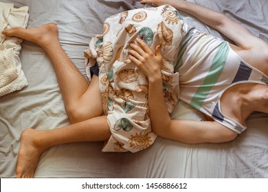 Person's Wrong Position During The Sleep In Bed, Bad Posture