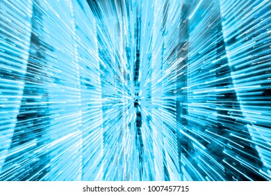 perspective abstract blue background with motion into the depths of neon lights