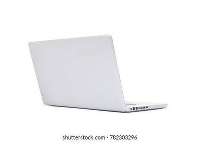 Perspective Back View Of Laptop Isolated On White Background, Aluminum Body.