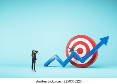 Perspective back view on pensive woman looking at red and white target with bullseye dart and blue growing up arrow on blank light background with place for advertising poster or logo brand, mock up - Shutterstock ID 2259335225