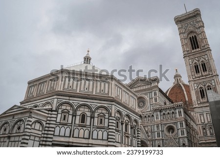 Perspective of the Baptistery of Saint John, cathedral Santa Maria del Fiore with Duomo and Giotto bell tower, Florence ITALY