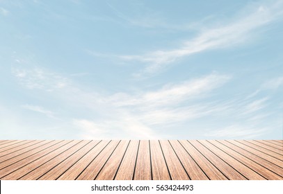 Perspective Border Wood Table Beach Outside On Calm Blue Sky In Spring Background Concept For Wide Dinning Board On Summer Landscape Wallpaper Bacground, Mockup Promotion Product.