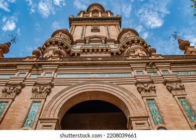 Perspective And Detail Of Plaza De España Tower In Brick And Colorful Ceramic Tiles, Seville SPAIN