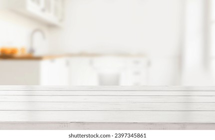 Perspective light empty wooden table from above on blurred background can be used mockup to display installation products or design layout.