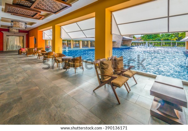 Perspective Modern Caribbean Tropical Style Lobby Stock