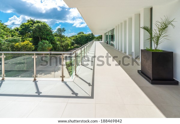 Perspective Modern Glass Steel Balcony Deck Stock Photo