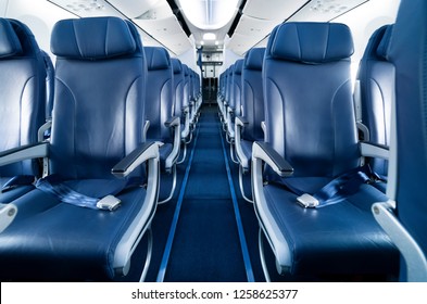 Perspective New Empty Airplane Seats. Empty Commercial Airplane Row Of Seats In The Cabin 