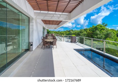 Perspective, Outlook At The Modern Stylish Balcony, Deck, Patio Of The Restaurant, Cafe, Bar Of The Luxury Mexican Resort. Exterior, Interior Design.