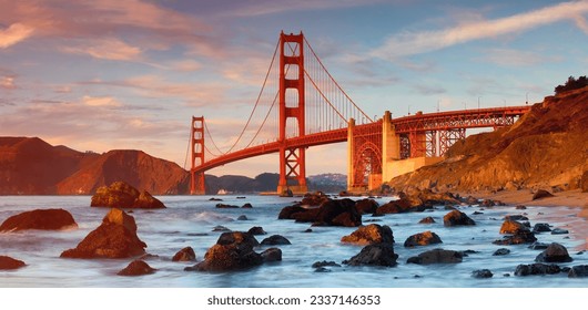 A perspective shot of The Golden Gate Bridge in the sunset, San Francisco. - Powered by Shutterstock