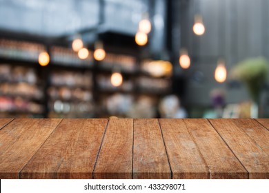 Perspective Table Top Wooden With Blurred Cafe Background. Product Display Template