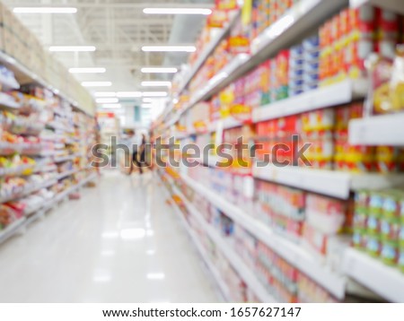 Perspective view, Abstract concept blurred background, Customer shopping consumer good on shelves between corridor with clear light in convenience supermarket and minimart