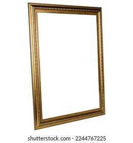 Perspective view of Antique Golden Classic Old Vintage Wooden Rectangle canvas frame isolated on white. Blank and diverse subject moulding baguette. Design element for paint, mirror or photo - Shutterstock ID 2244767225