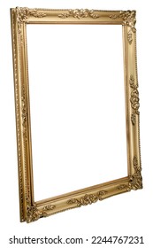 Perspective view of Antique Golden Classic Old Vintage Wooden Rectangle canvas frame isolated on white. Blank and diverse subject moulding baguette. Design element for paint, mirror or photo - Shutterstock ID 2244767231
