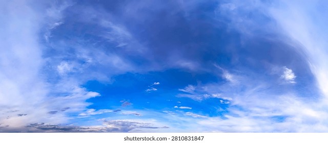 A perspective view of arc cirrus rows clouds receding beyond the horizon. The receding cloud becomes smaller as it approaches the horizon. A detailed evening soft textured background for a banner.