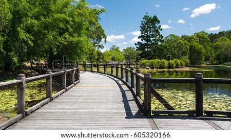 Perspective View Of A Botanic Garden Landscape With A Timber Broadwalk On A Lake With Green Vegetation During A Sunny Day, Gold Coast, Queensland, Australia
