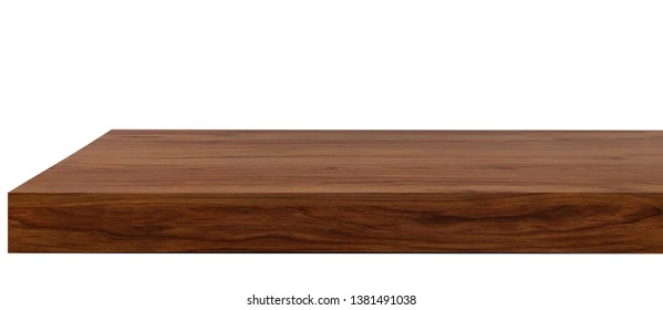 Perspective view of brown wood or wooden table or shelf corner on white background including clipping path