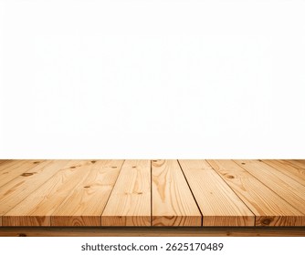 A perspective view of a clean, light brown wooden table against a bright white background. The wood grain is visible, showing a natural texture. Ideal for product placement or display.