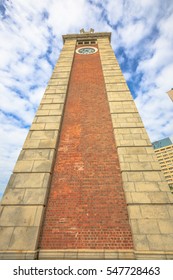 Perspective view of the Clock Tower also named Former Kowloon-Canton Railway Clock Tower, a popular landmark in Tsim Sha Tsui in Kowloon, near Victoria Harbour, Hong Kong.
