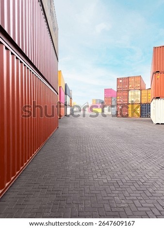 A perspective view of a container yard with stacked red, yellow, white and multicolored cargo containers. Industrial port scene representing global trade, shipping, and logistics.