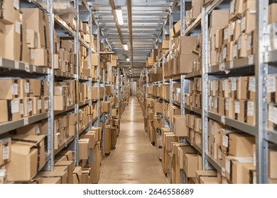Perspective view down a long, narrow aisle in a large warehouse, flanked by towering metal shelving units densely packed with cardboard boxes. Industrial storage.
