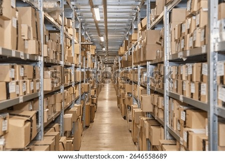 Perspective view down a long, narrow aisle in a large warehouse, flanked by towering metal shelving units densely packed with cardboard boxes. Industrial storage.