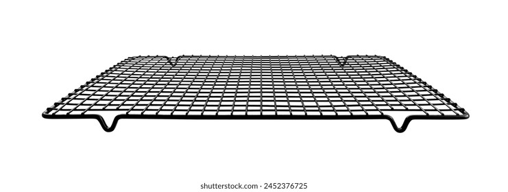 Perspective view empty black wire cooling rack for baking or pastry isolated on white background
