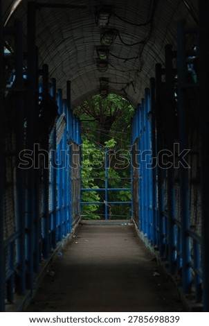 Perspective view of empty blue pedestrian bridge tunnel with steel structure leading to green trees. Urban architecture and leading lines for travel and walkway concept.