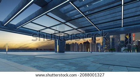 Perspective view of empty concrete floor and modern rooftop building with sunrise cityscape scene.  Mixed media