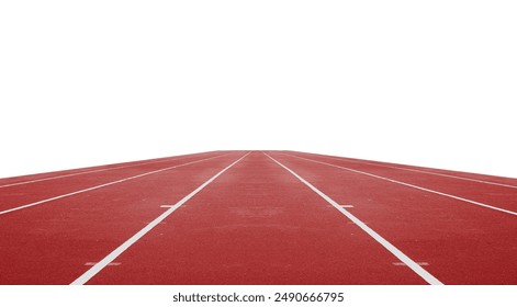 Perspective view of an empty red running tracks with white lane marking stretching toward the horizon under bright sky. A visual metaphor for focus strategic goals and business milestones with unobstructed path to the future.