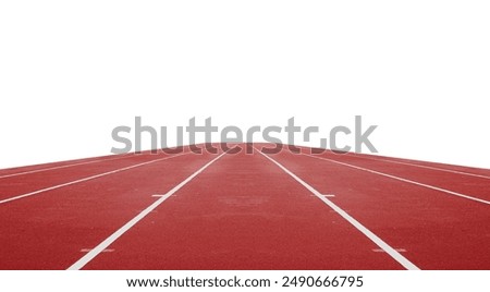 Perspective view of an empty red running tracks with white lane marking stretching toward the horizon under bright sky. A visual metaphor for focus strategic goals and business milestones with unobstructed path to the future.