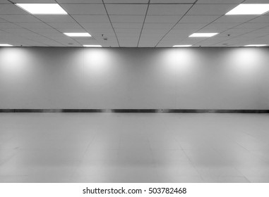 Perspective view of Empty Space Classic Monotone Black White Office Room with Row Ceiling LED Light Lamps and Lights Shade on Wall for Gallery Interior / Template to Mock Up Display Office Furniture