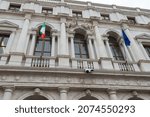 Perspective view of the facade of the library building in Bergamo