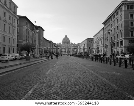 Perspective view from far of St. Peter Basilica black and white, Vatican Rome