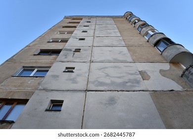 Perspective view of flat of blocks from Communist period, worn out concrete buildings in Eastern Europe