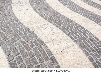 Perspective View Of Grunge Cracked White Marble Brick Stone On The Ground For Street Road. Sidewalk, Driveway, Pavers, Pavement In Vintage Design Flooring Square Pattern Texture Background