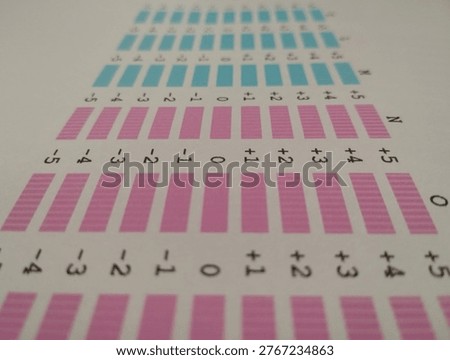 Perspective view of an inkjet printer calibration page featuring rows of colored blocks for head alignment and nozzle health check.