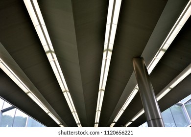 Perspective view of modern office ceiling with strip lighting as abstract background
