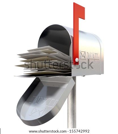 An perspective view of an open old school retro tin mailbox bulging with a pile of letters on an isolated background