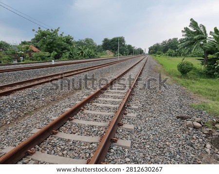 Perspective view of parallel double-track railway stretching into the distance through a rural green landscape under an overcast sky.