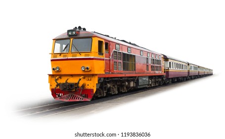Perspective view of Passenger train hauled by the diesel electric locomotive isolated on white background