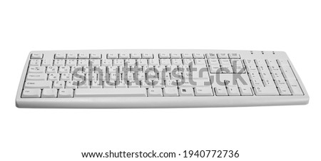 Perspective view of PC Keyboard for Office Home Work with Russian English Cyrillic Letters. Computer Keyboard Qwerty multimedia Wired 104 Keys white with copy space button