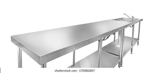 Perspective view of professional industrial kitchen furniture against white empty background. - Shutterstock ID 1705802857