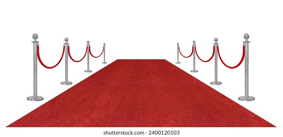 Vista de perspectiva barrera de cuerda de terciopelo rojo y postes plateados y alfombra roja aislados en fondo blanco