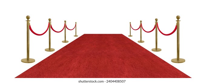 Vista de perspectiva barrera de cuerda de terciopelo rojo y palos dorados y alfombra roja aislados en fondo blanco