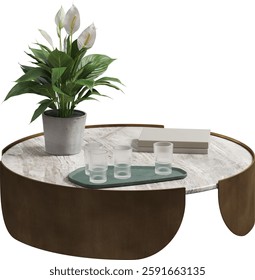 Perspective view of round marble coffee table with green plant on top