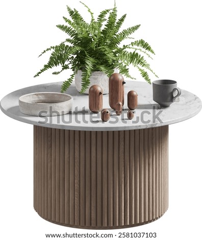 Perspective view of round white marble coffee table