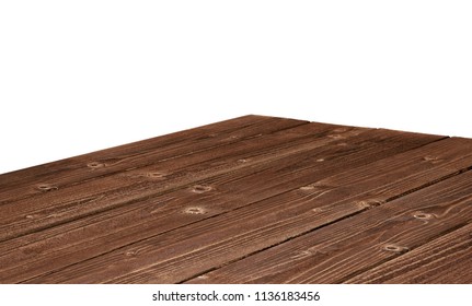 Perspective view of wood or wooden table corner on white background including clipping path