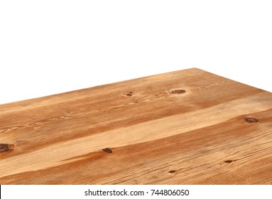 Perspective view of wood or wooden table top corner on white background including clipping path, template mock up for display products.
